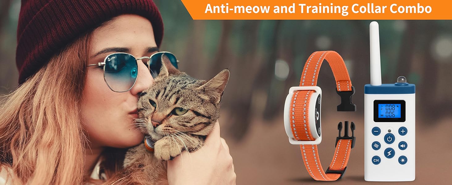 PaiPaitek Cat Shock Collar with Remote,Cat Training Collar with Auto Anti-Meow,Beep,Vibration,Safety Shock 4 Modes,Rechargeable