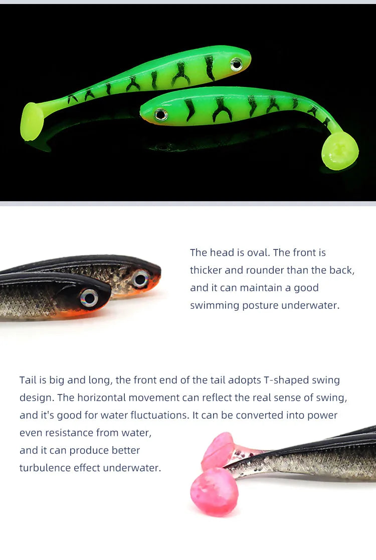 Chinook Soft Bait Lure 3D t-tail 65mm 5pcs Wobblers Silicone Fish Artificial Bait Fishing For Jig Head Texas Jigs Wacky Hooks