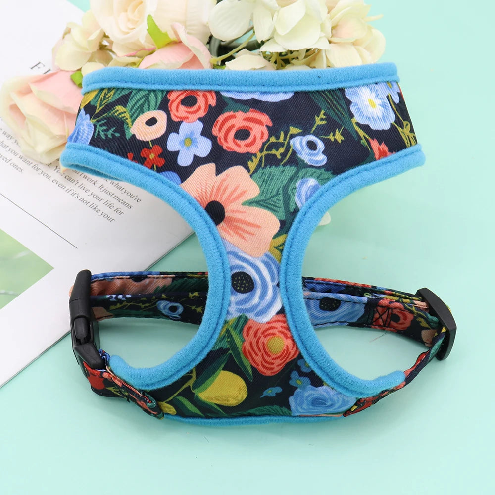 Nylon Girl Dog Harness Flower Printed Nylon Dogs Cat Harness Dogs Pet Harness Vest Adjustable for French Bulldog Chihuahua