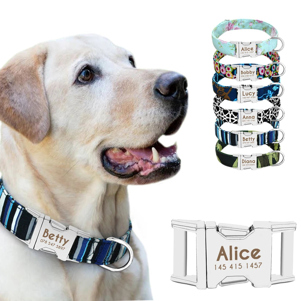 Custom Nylon Dog Collar Fashion Print Dog Collars Customized Puppy Pet Collar Engraved Name for Small Medium Large Big Dogs Pug