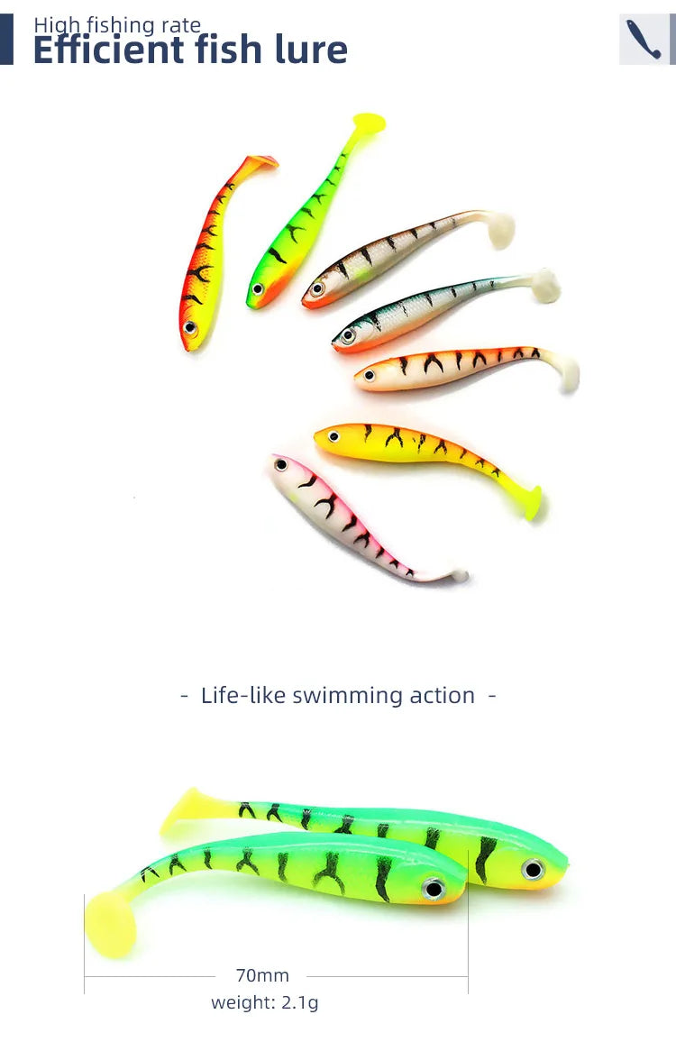 Chinook Soft Bait Lure 3D t-tail 65mm 5pcs Wobblers Silicone Fish Artificial Bait Fishing For Jig Head Texas Jigs Wacky Hooks