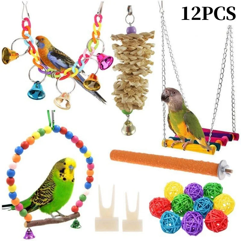 Parrots Wood Toys Cockatiel Toys Bird Cage Swing Hammock Chewing Toy Colorful Parakeet Wooden Hanging Bell Parrot Training Toys