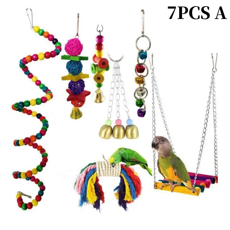 Parrots Wood Toys Cockatiel Toys Bird Cage Swing Hammock Chewing Toy Colorful Parakeet Wooden Hanging Bell Parrot Training Toys