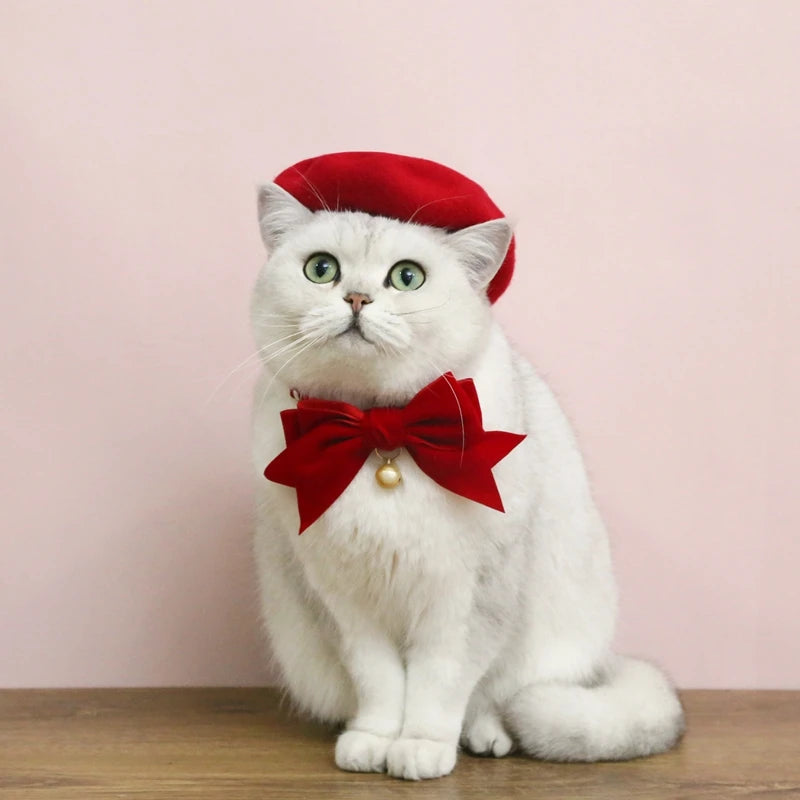 Pet Cat Hat Headgear Fine Workmanship Cashmere Elegant Soft Beret Bow Tie Collar Decoration Dogs Cap Beret For Decor New Year