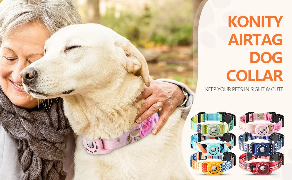 AirTag Dog Collar, for Apple AirTag, Polyester Pattern Pet Puppy Collar with Silicone AirTag Holder for Small Medium Large Dogs