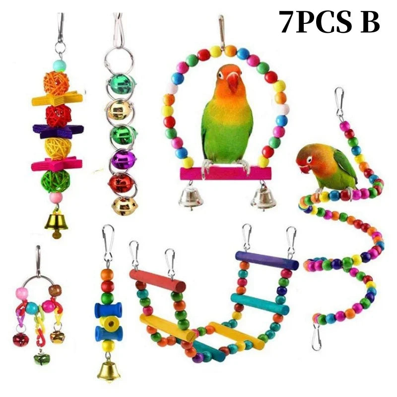 Parrots Wood Toys Cockatiel Toys Bird Cage Swing Hammock Chewing Toy Colorful Parakeet Wooden Hanging Bell Parrot Training Toys