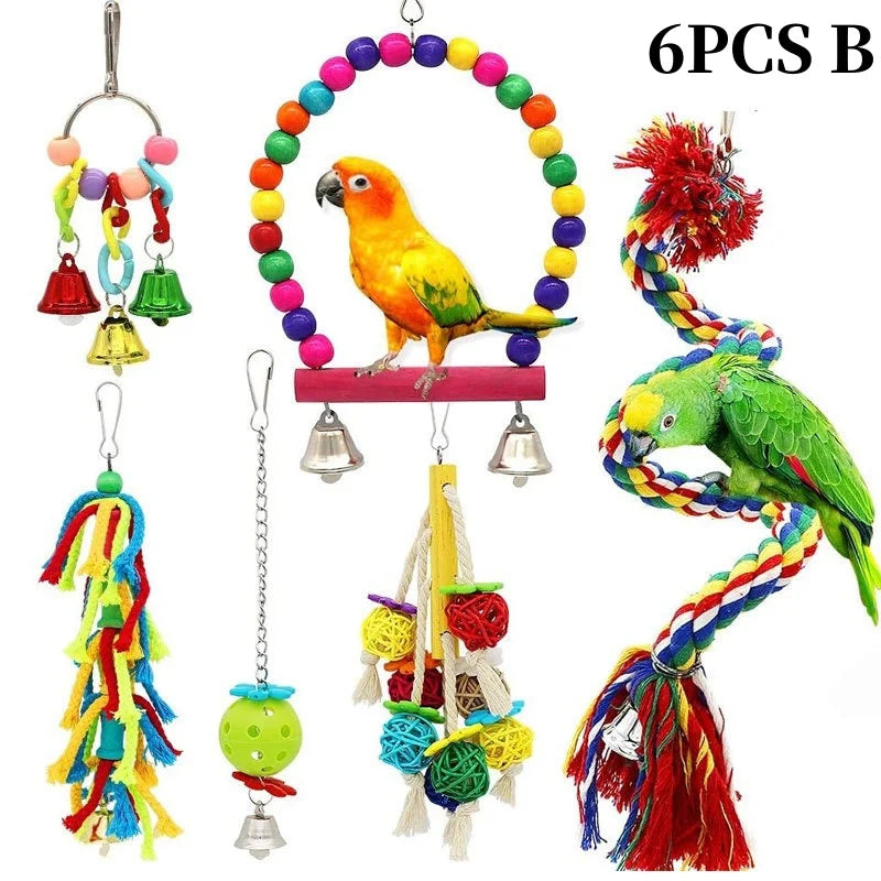 Parrots Wood Toys Cockatiel Toys Bird Cage Swing Hammock Chewing Toy Colorful Parakeet Wooden Hanging Bell Parrot Training Toys