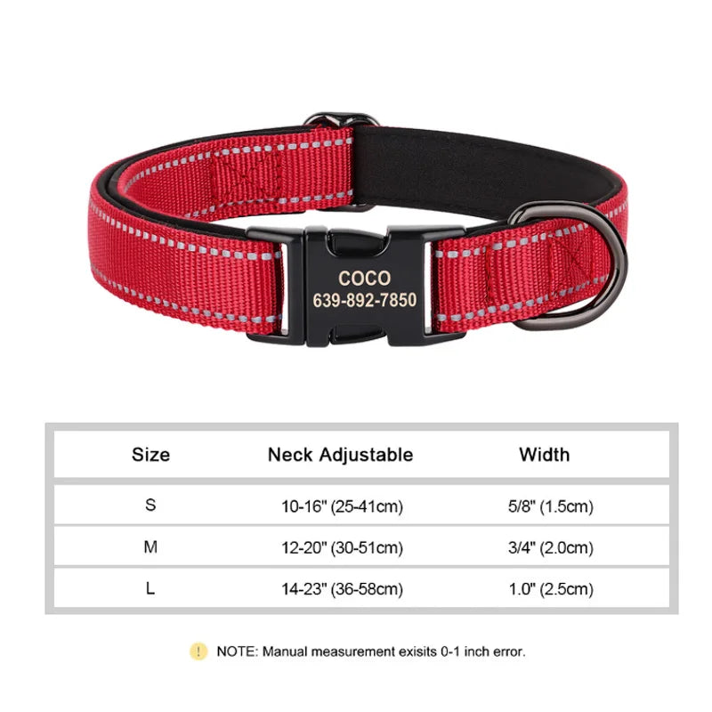 Reflective Personalized Dog Collar Engrave ID Nylon Collars Soft Padded Dogs Collar Adjustable for Small Medium Large Dogs Pug