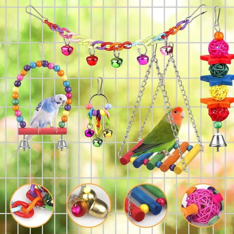Parrots Wood Toys Cockatiel Toys Bird Cage Swing Hammock Chewing Toy Colorful Parakeet Wooden Hanging Bell Parrot Training Toys