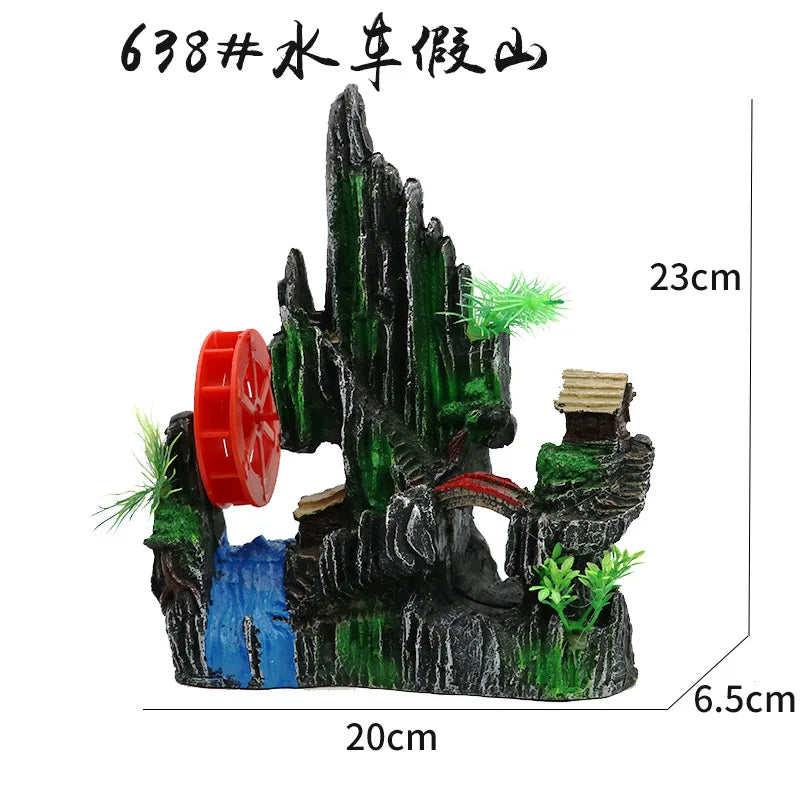 Fish Tank Landscaping Waterwheel Rock Mountain Decor Air Maker Resin Decoration Castle Fish Shrimp Shelter Aquarium Accessories