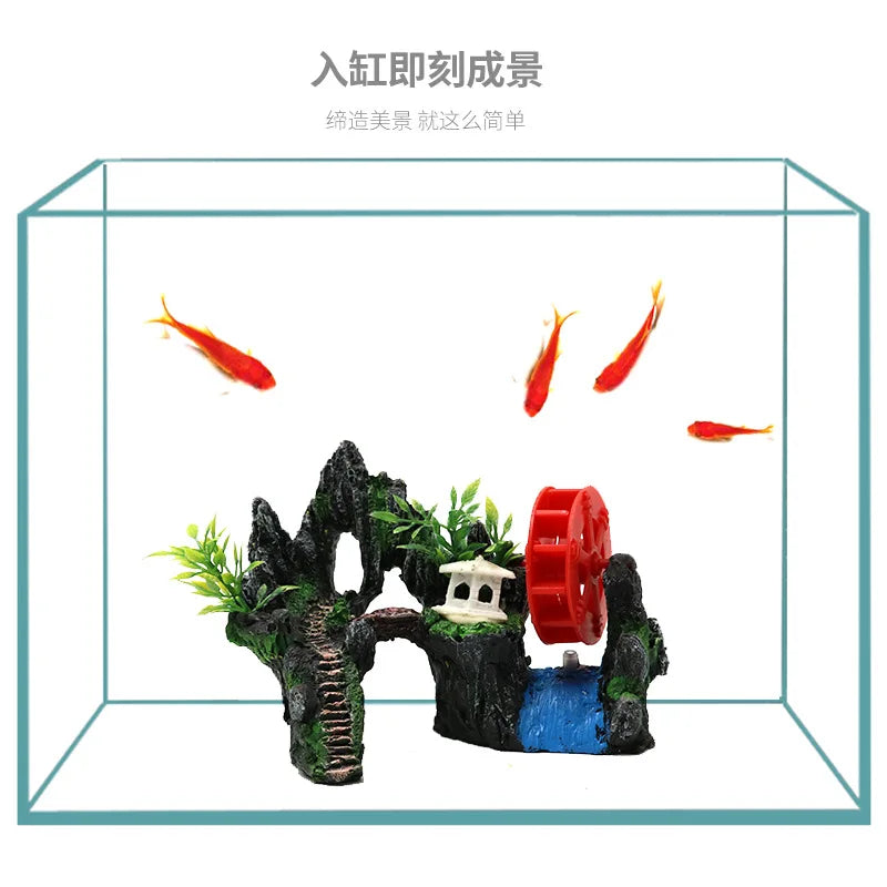 Fish Tank Landscaping Waterwheel Rock Mountain Decor Air Maker Resin Decoration Castle Fish Shrimp Shelter Aquarium Accessories