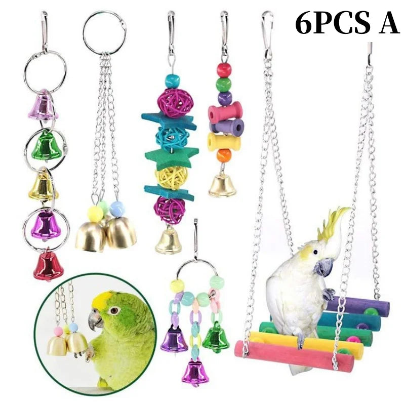 Parrots Wood Toys Cockatiel Toys Bird Cage Swing Hammock Chewing Toy Colorful Parakeet Wooden Hanging Bell Parrot Training Toys
