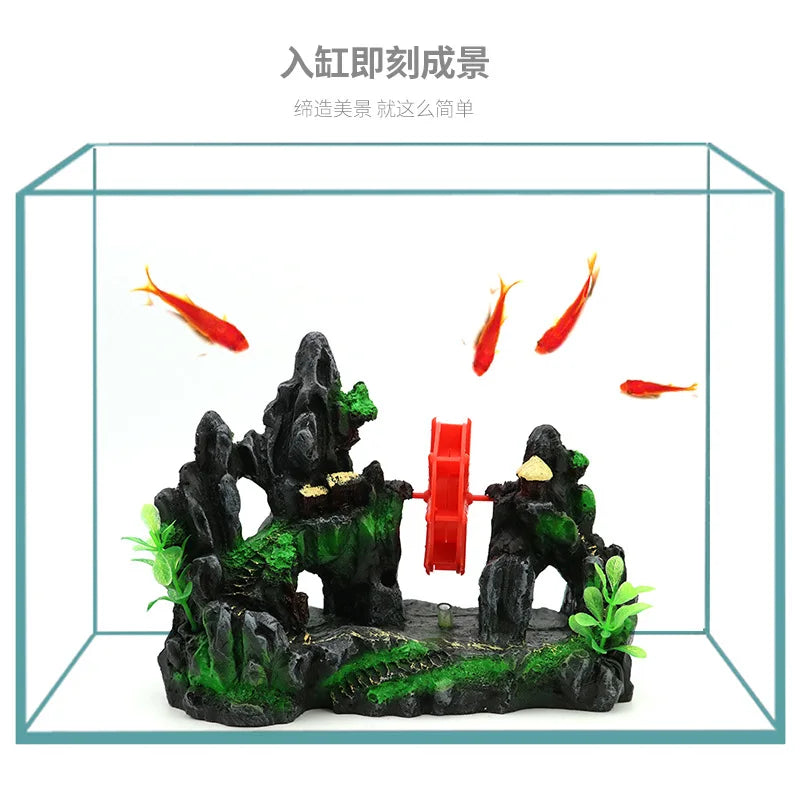 Fish Tank Landscaping Waterwheel Rock Mountain Decor Air Maker Resin Decoration Castle Fish Shrimp Shelter Aquarium Accessories