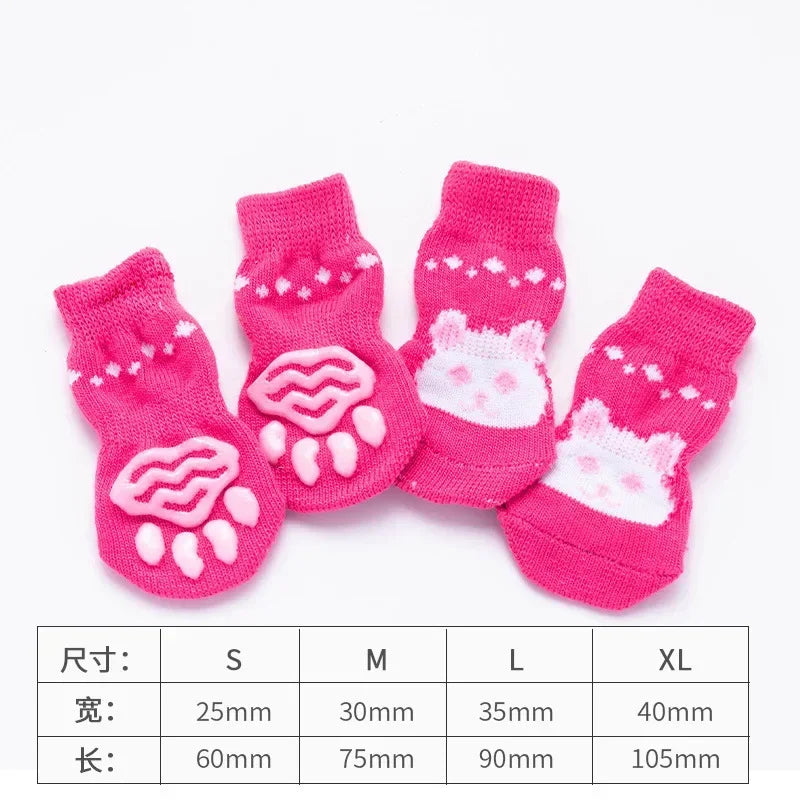 4 Pcs/set Cat and Puppy Shoes Of Cute Pet Dog Socks with Printed Non-slip To Protect and Prevent Dirt Warm Pet Puppy Socks