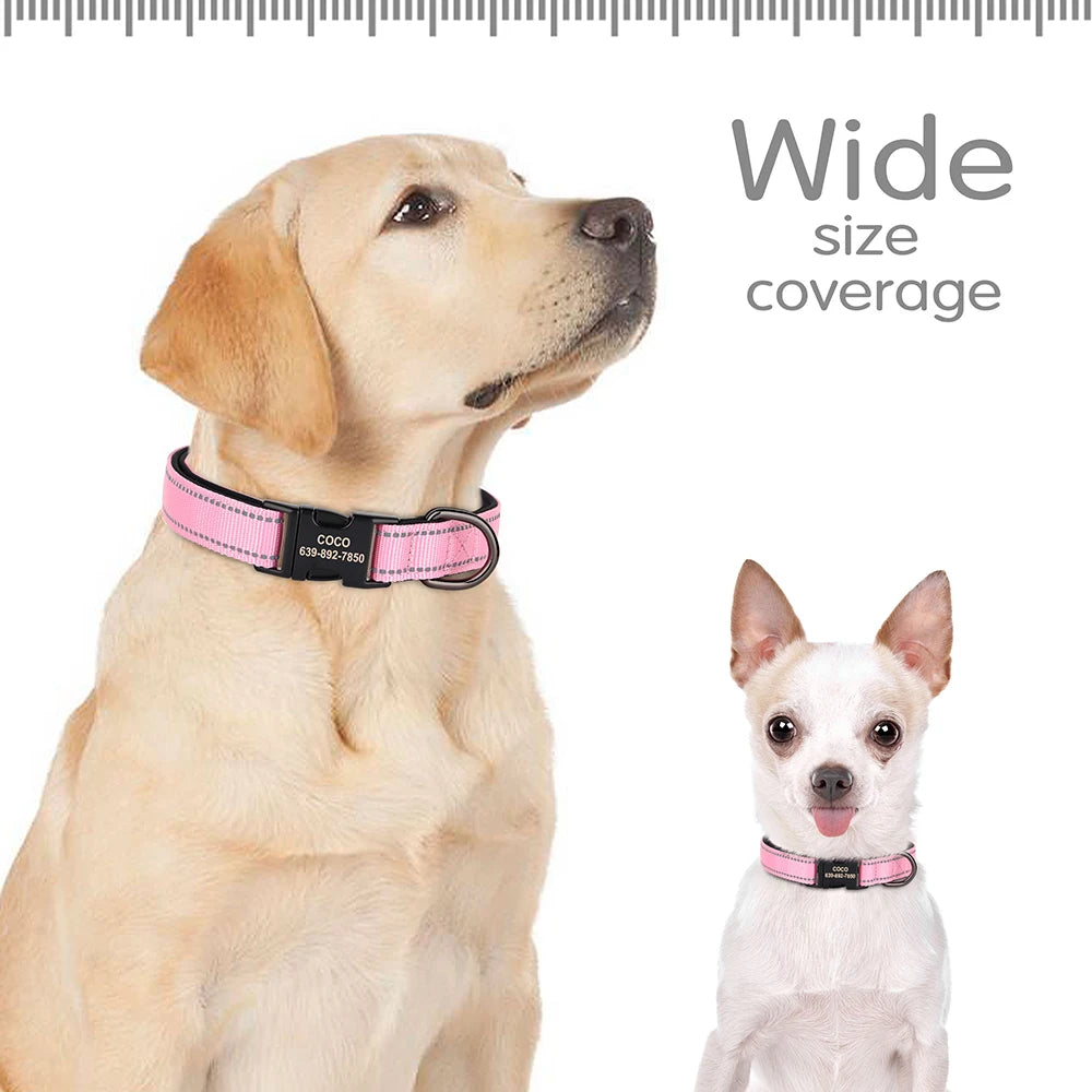 Reflective Personalized Dog Collar Engrave ID Nylon Collars Soft Padded Dogs Collar Adjustable for Small Medium Large Dogs Pug