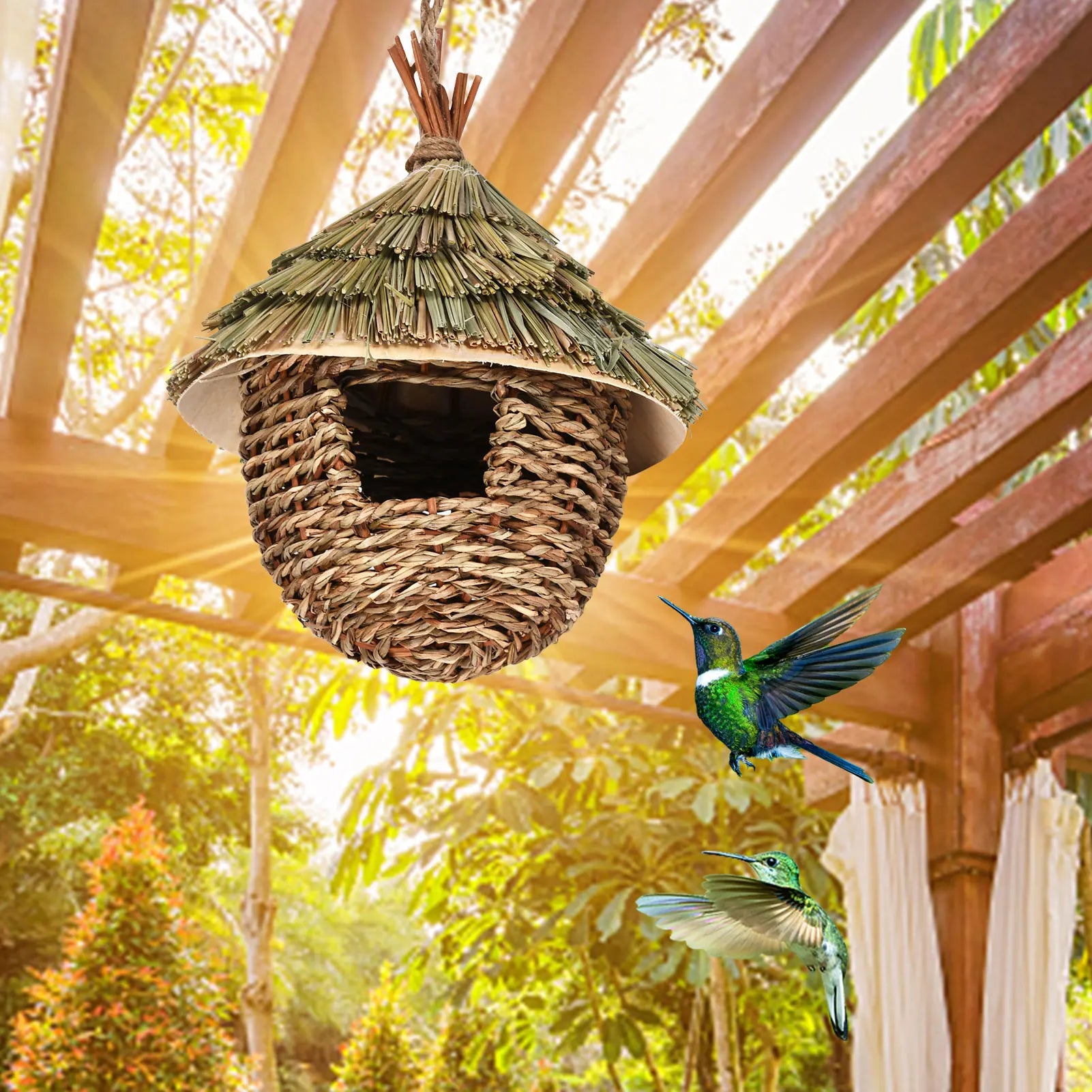 Charming Decorative Hummingbird House Hand-woven Hummingbird Nest House Natural Grass Hung Bird For Garden Patio Lawn Office
