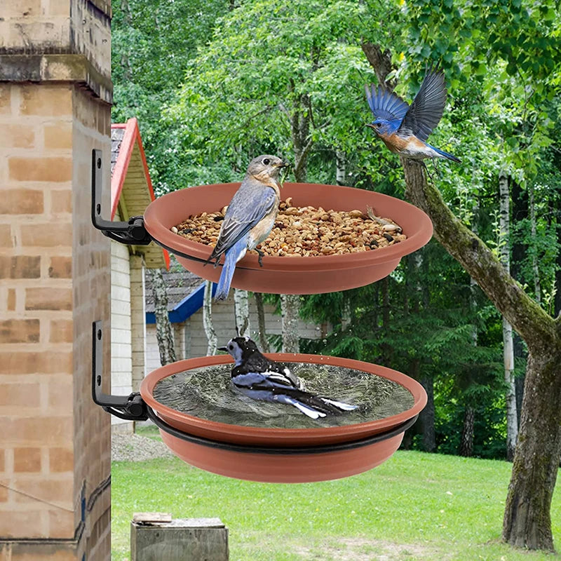 2 Layers Wall Hanging Bird Feeder Tray Bowl Tree Mounted Bird Bath Spa Include 2 Bird Trays Metal Rings Screws Attracts Birds
