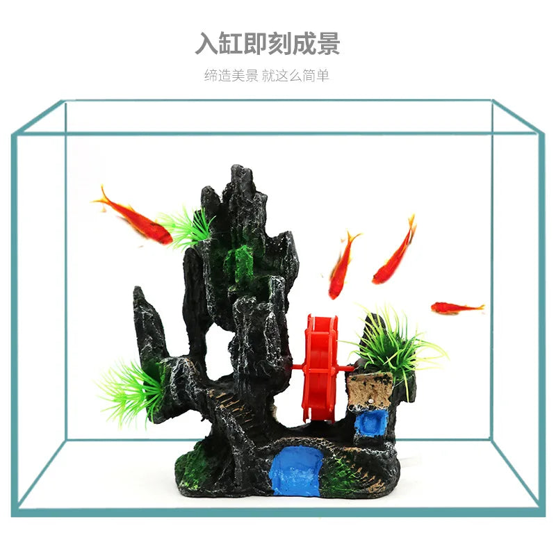 Fish Tank Landscaping Waterwheel Rock Mountain Decor Air Maker Resin Decoration Castle Fish Shrimp Shelter Aquarium Accessories