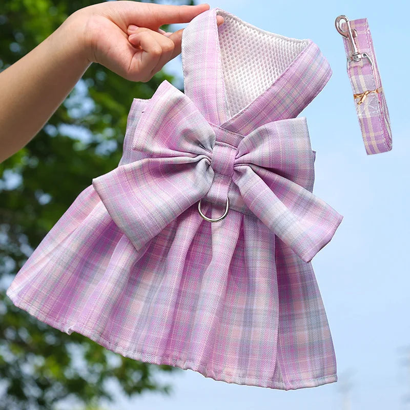 Bow Dog Collar Skirt Cute Pet Harness with Breast Strap Traction Rope Cat Dogs Clothes Harness Vest Princess Tutu Dress Skirt
