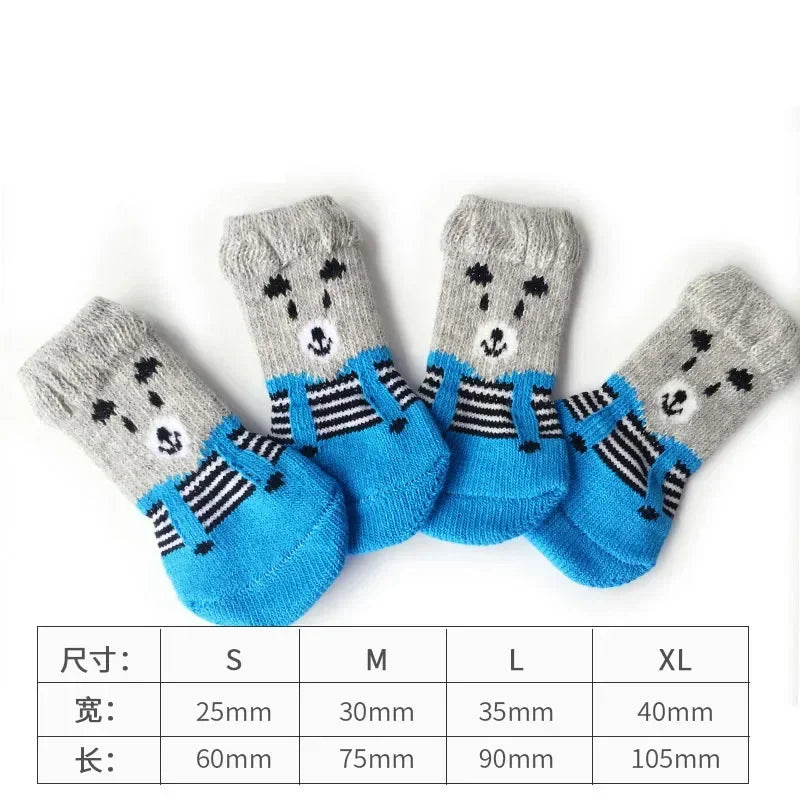 4 Pcs/set Cat and Puppy Shoes Of Cute Pet Dog Socks with Printed Non-slip To Protect and Prevent Dirt Warm Pet Puppy Socks
