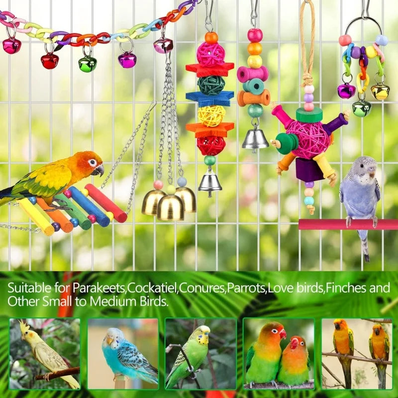 Parrots Wood Toys Cockatiel Toys Bird Cage Swing Hammock Chewing Toy Colorful Parakeet Wooden Hanging Bell Parrot Training Toys