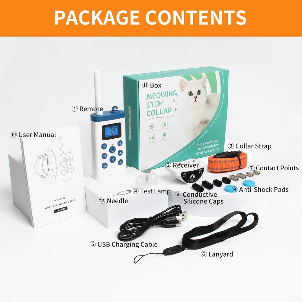 PaiPaitek Cat Shock Collar with Remote,Cat Training Collar with Auto Anti-Meow,Beep,Vibration,Safety Shock 4 Modes,Rechargeable