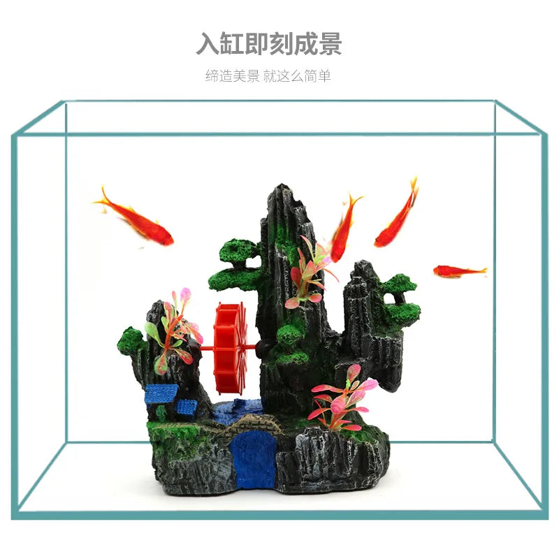 Fish Tank Landscaping Waterwheel Rock Mountain Decor Air Maker Resin Decoration Castle Fish Shrimp Shelter Aquarium Accessories