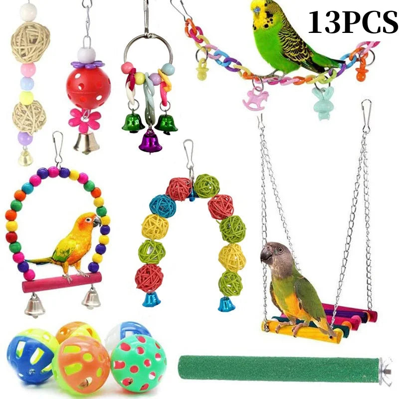 Parrots Wood Toys Cockatiel Toys Bird Cage Swing Hammock Chewing Toy Colorful Parakeet Wooden Hanging Bell Parrot Training Toys