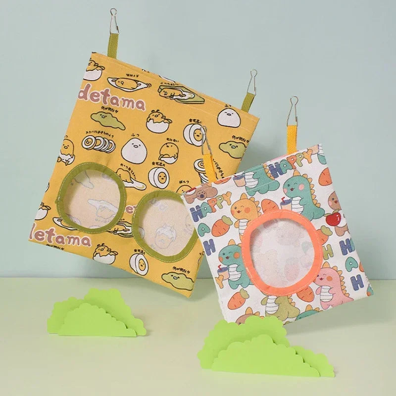 Rabbit Hay Feeding Bags 1/2/3 Holes Cartoon Printed Guinea Pigs Hanging Feeder Chinchilla Food Organizer Pet Cage Supplies