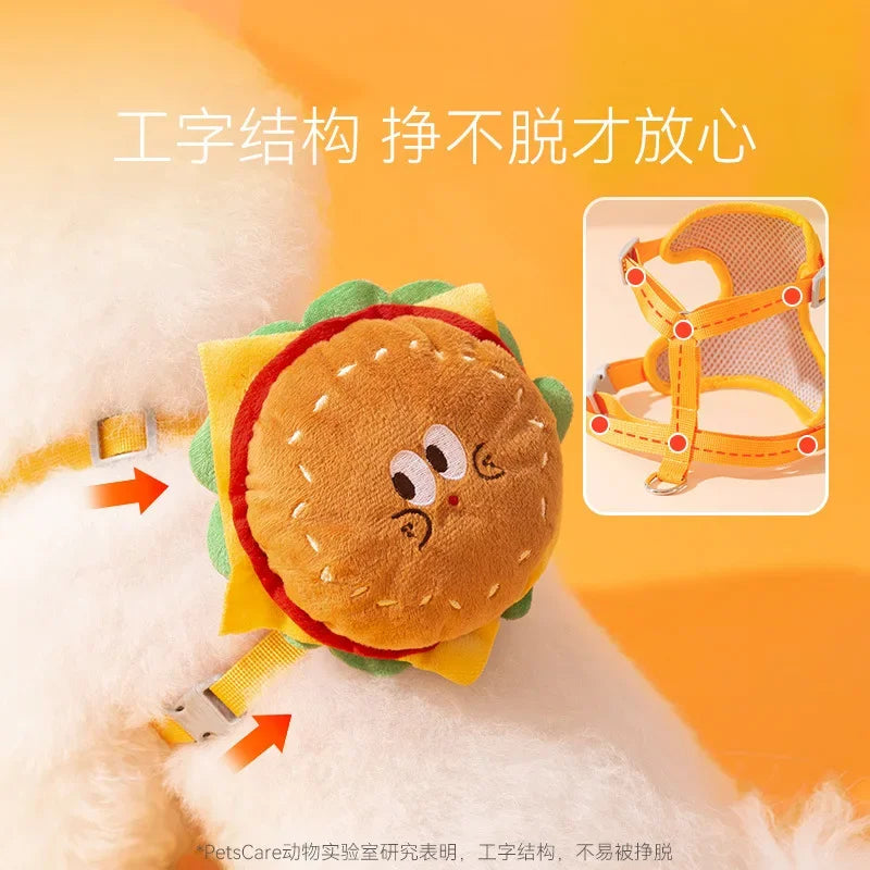 Pet Cute Burger and French Fries Backpack Towing Rope Cat Vest Dog Chest Strap for Walking Dog Rope Supplies Dog Bag