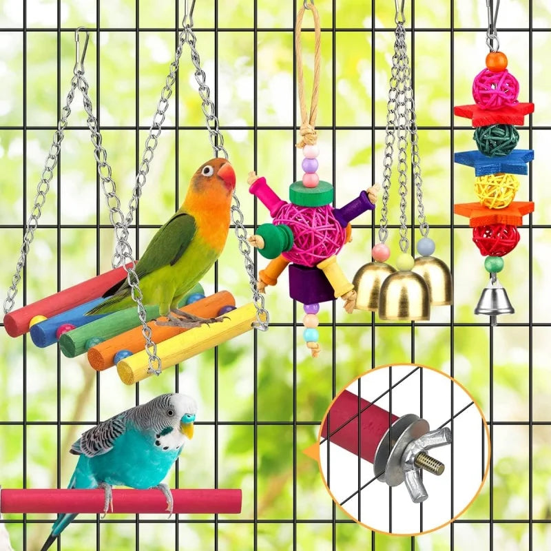 Parrots Wood Toys Cockatiel Toys Bird Cage Swing Hammock Chewing Toy Colorful Parakeet Wooden Hanging Bell Parrot Training Toys