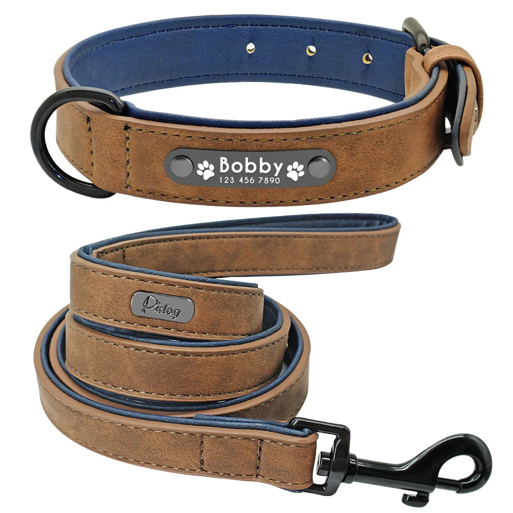 Custom Leather Dog Collar Leash Personalized Pet Collars and Leash Set Durable Leather Collar Lead for Small Medium Large Dogs