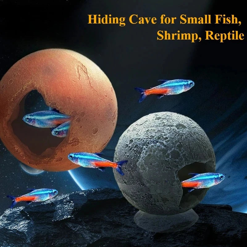 Planet Series Fish Tank Hiding Cave Shelter for Small Fish Shrimp Reptiles, Aqaurium Ornament Decorations with Suction Cups