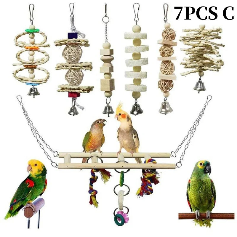 Parrots Wood Toys Cockatiel Toys Bird Cage Swing Hammock Chewing Toy Colorful Parakeet Wooden Hanging Bell Parrot Training Toys