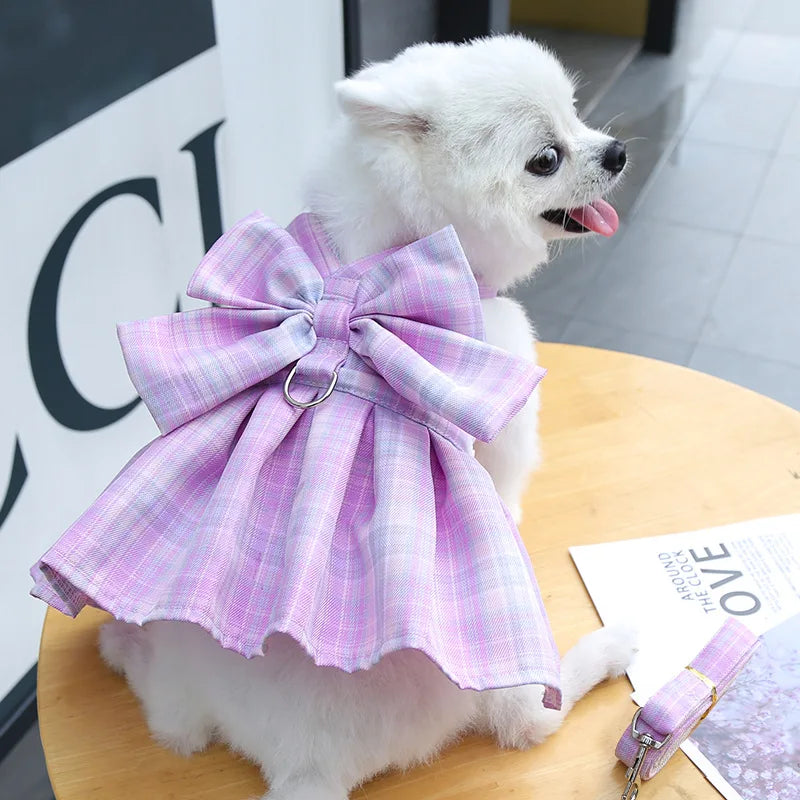 Bow Dog Collar Skirt Cute Pet Harness with Breast Strap Traction Rope Cat Dogs Clothes Harness Vest Princess Tutu Dress Skirt
