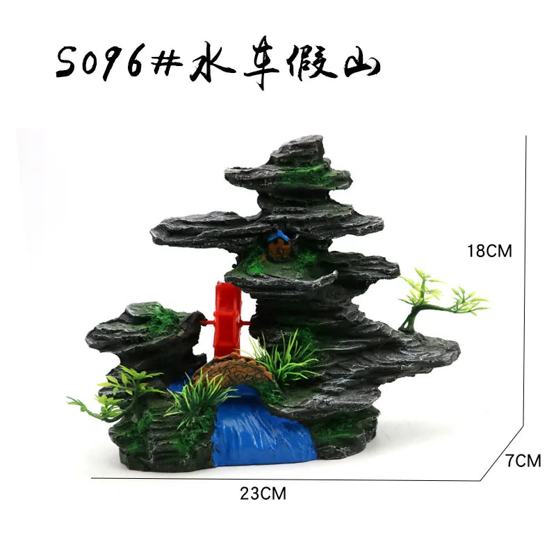 Fish Tank Landscaping Waterwheel Rock Mountain Decor Air Maker Resin Decoration Castle Fish Shrimp Shelter Aquarium Accessories