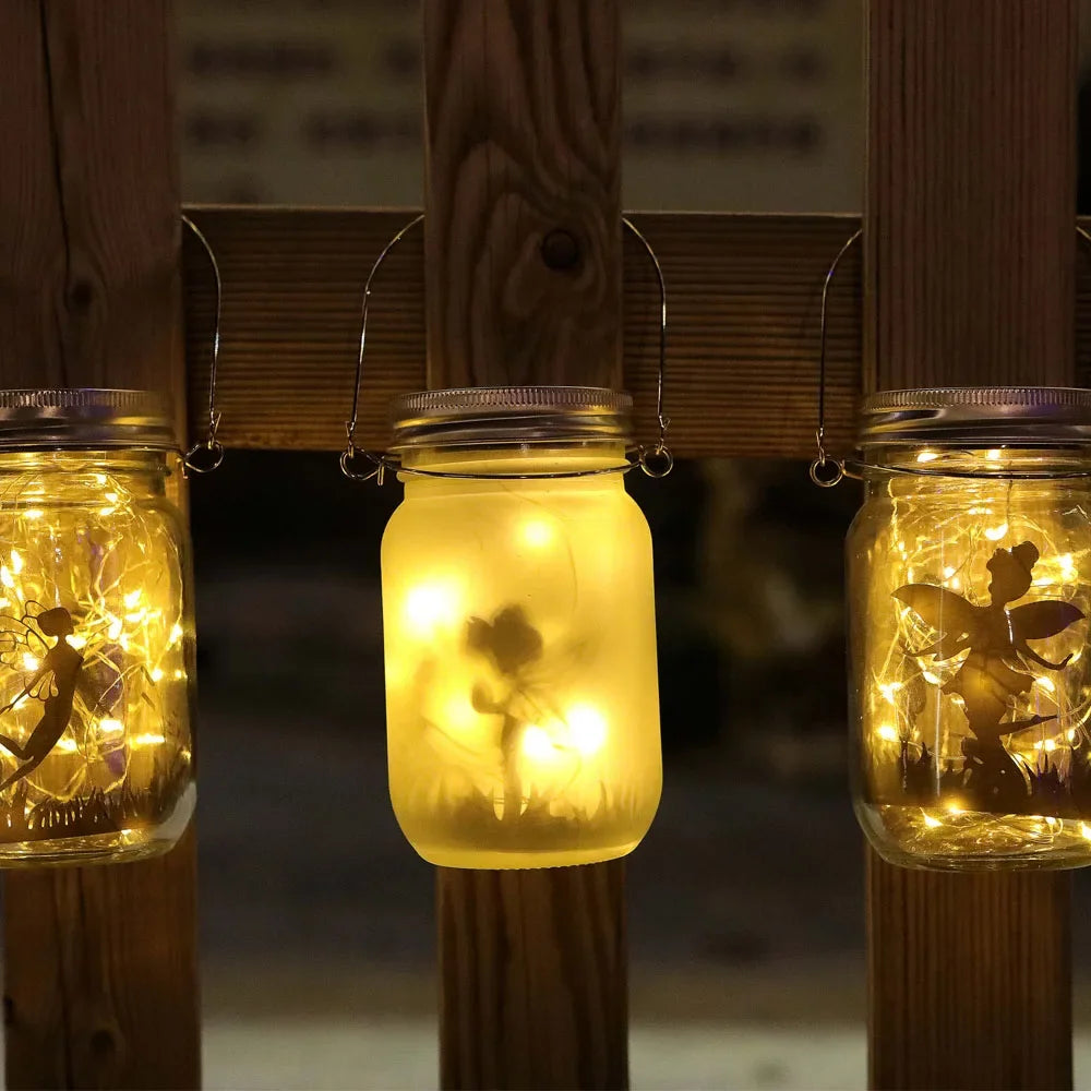 Portable Solar Lantern, Fairy Lights, Garden Ornament Outdoor Hanging Frosted TreeTable, Yard, Patio, Lawn, Glass Mason Jar Lamp