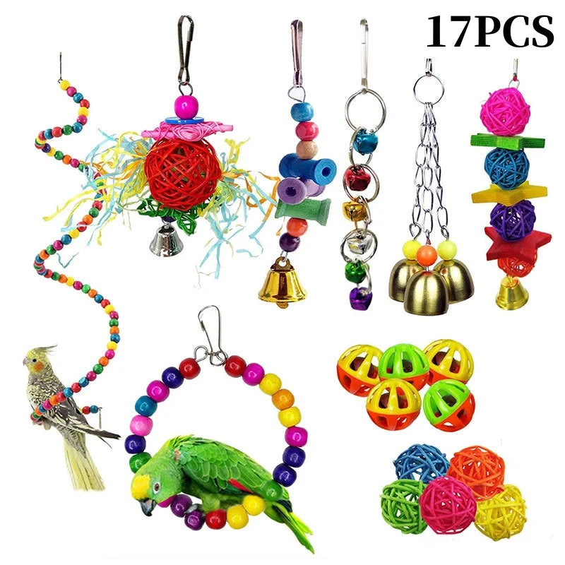 Parrots Wood Toys Cockatiel Toys Bird Cage Swing Hammock Chewing Toy Colorful Parakeet Wooden Hanging Bell Parrot Training Toys