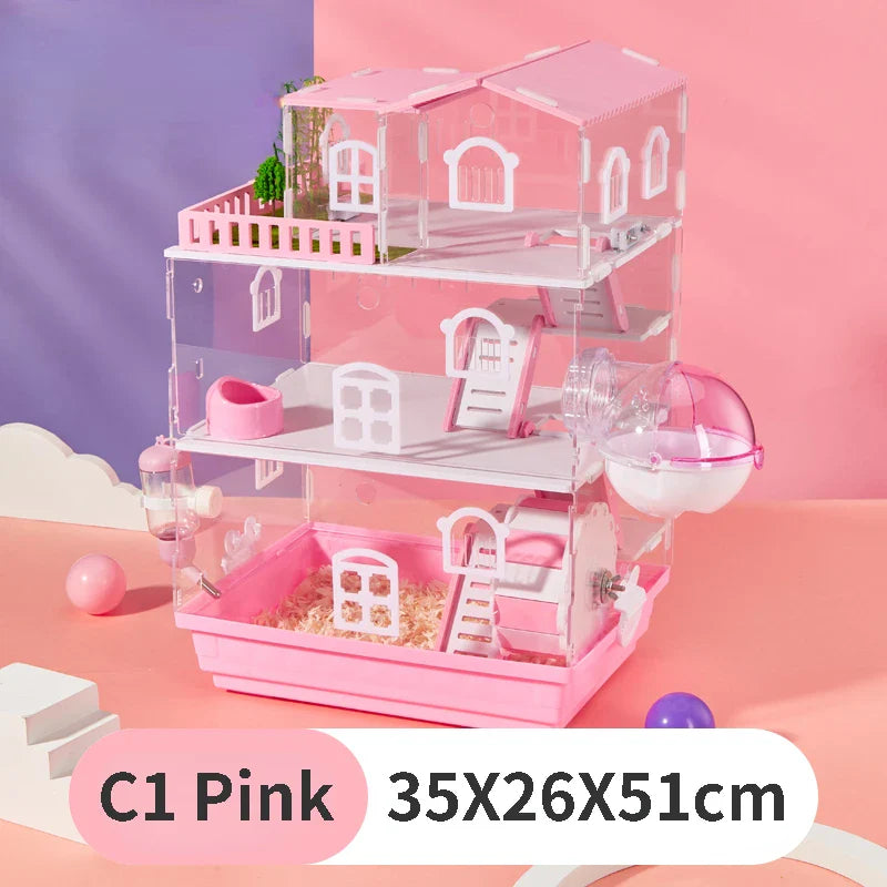 2/3 Layers Transparent Hamster Cage Acrylic Small Animal Hedgehogs Rabbit Guinea Pig Villa Package Supplies Toy Set