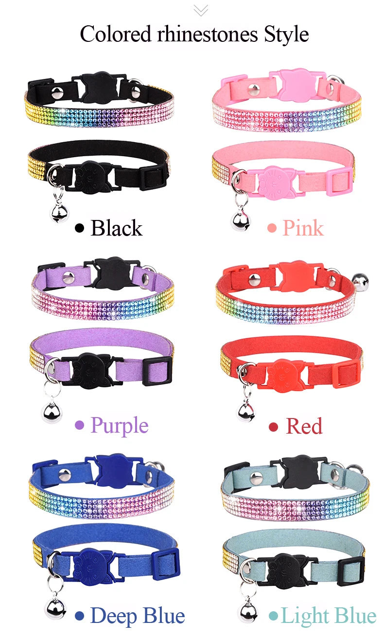 Small Cat Collar Rhinestone Breakaway Shiny Pet Goats Necklace Collier Chain Quick Release Safety Soft Suede Luxury for Kitten