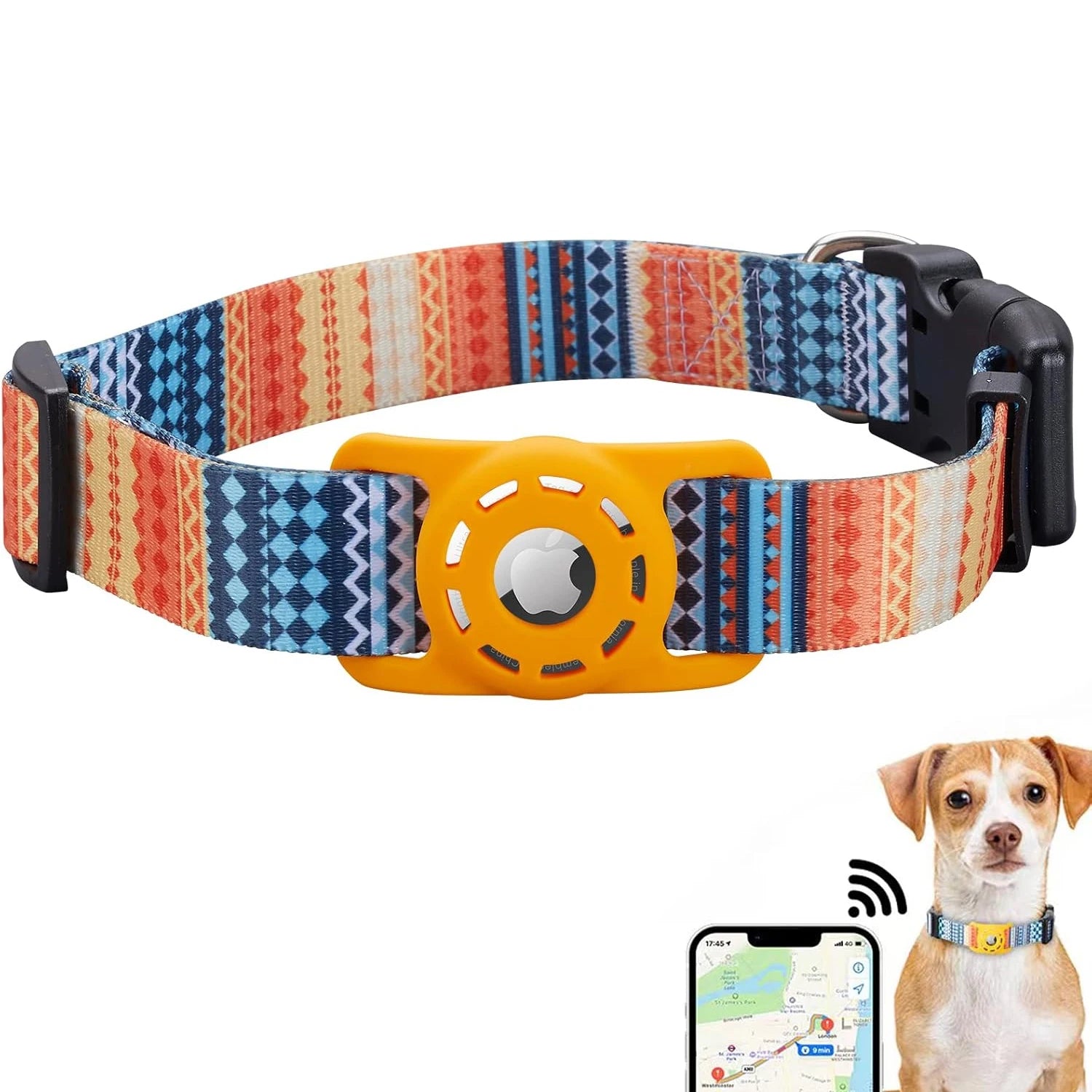 AirTag Dog Collar, for Apple AirTag, Polyester Pattern Pet Puppy Collar with Silicone AirTag Holder for Small Medium Large Dogs