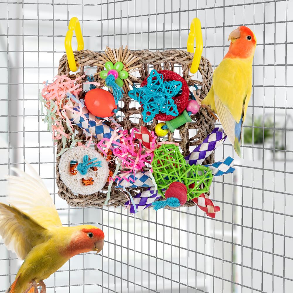 Bird Parrot Toy Natural Grass Tubes Bird Chewing Toy Parrot Cage Bite Molar Toy Parrot Cage Colorful Hanging Decoration