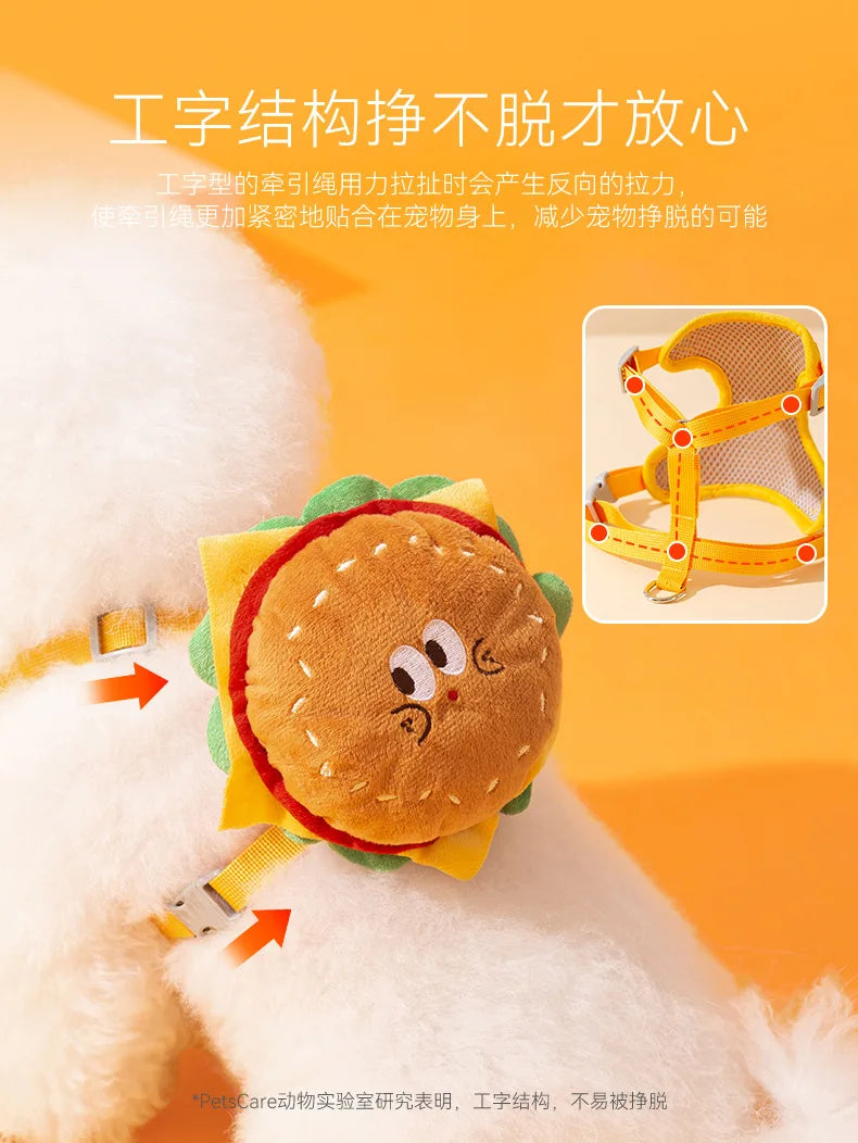 Pet Cute Burger and French Fries Backpack Towing Rope Cat Vest Dog Chest Strap for Walking Dog Rope Supplies Dog Bag