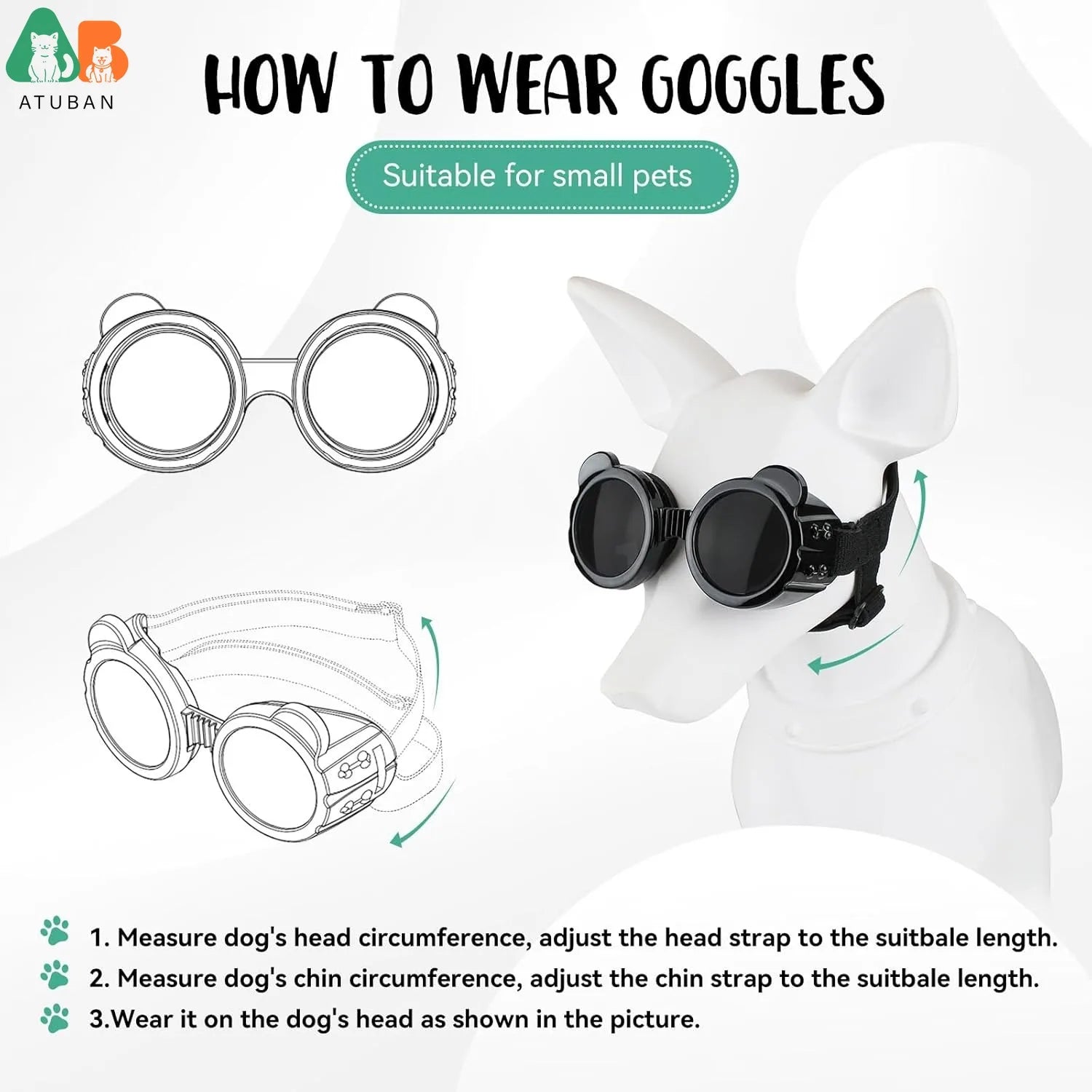ATUBAN Cat Goggles Panda Shape Dog Goggles Small Breed UV Protection Windproof Dog Eye Protection, Adjustable Straps,Breathable