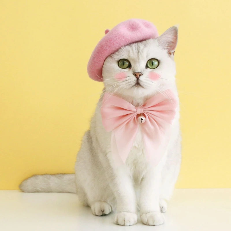 Pet Cat Hat Headgear Fine Workmanship Cashmere Elegant Soft Beret Bow Tie Collar Decoration Dogs Cap Beret For Decor New Year
