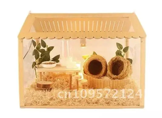 Natural Wood With Cage Wooden Hamster Houses Hamster, For Hamster Acrylic Gerbil, Chinchillas Syrian
