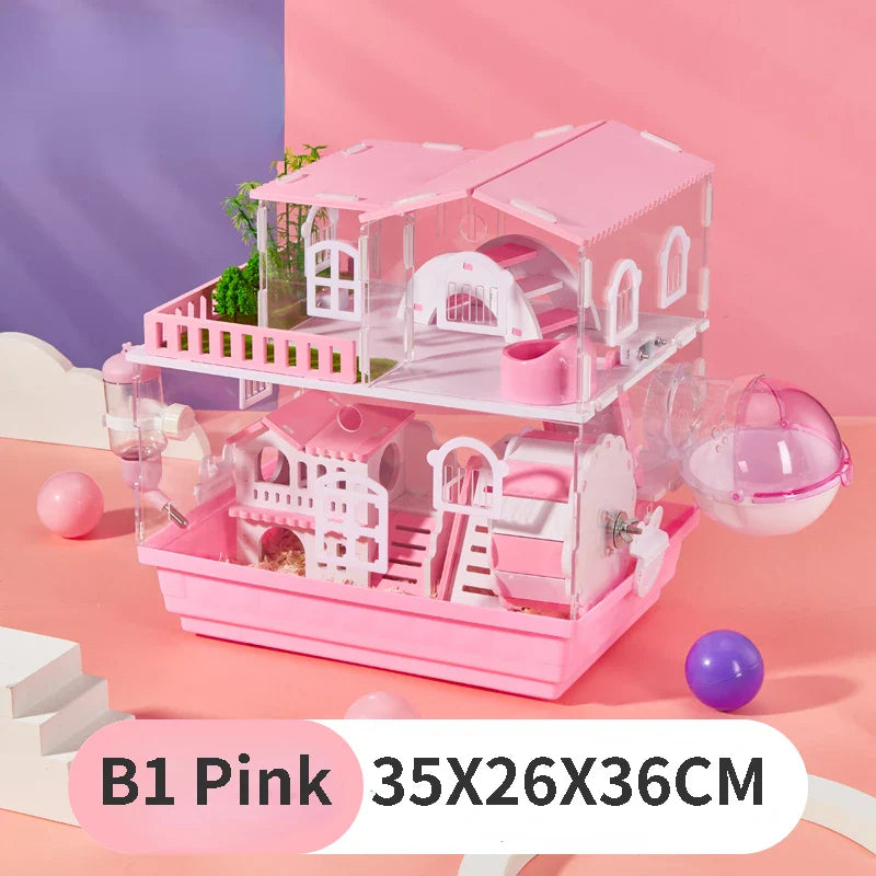 2/3 Layers Transparent Hamster Cage Acrylic Small Animal Hedgehogs Rabbit Guinea Pig Villa Package Supplies Toy Set