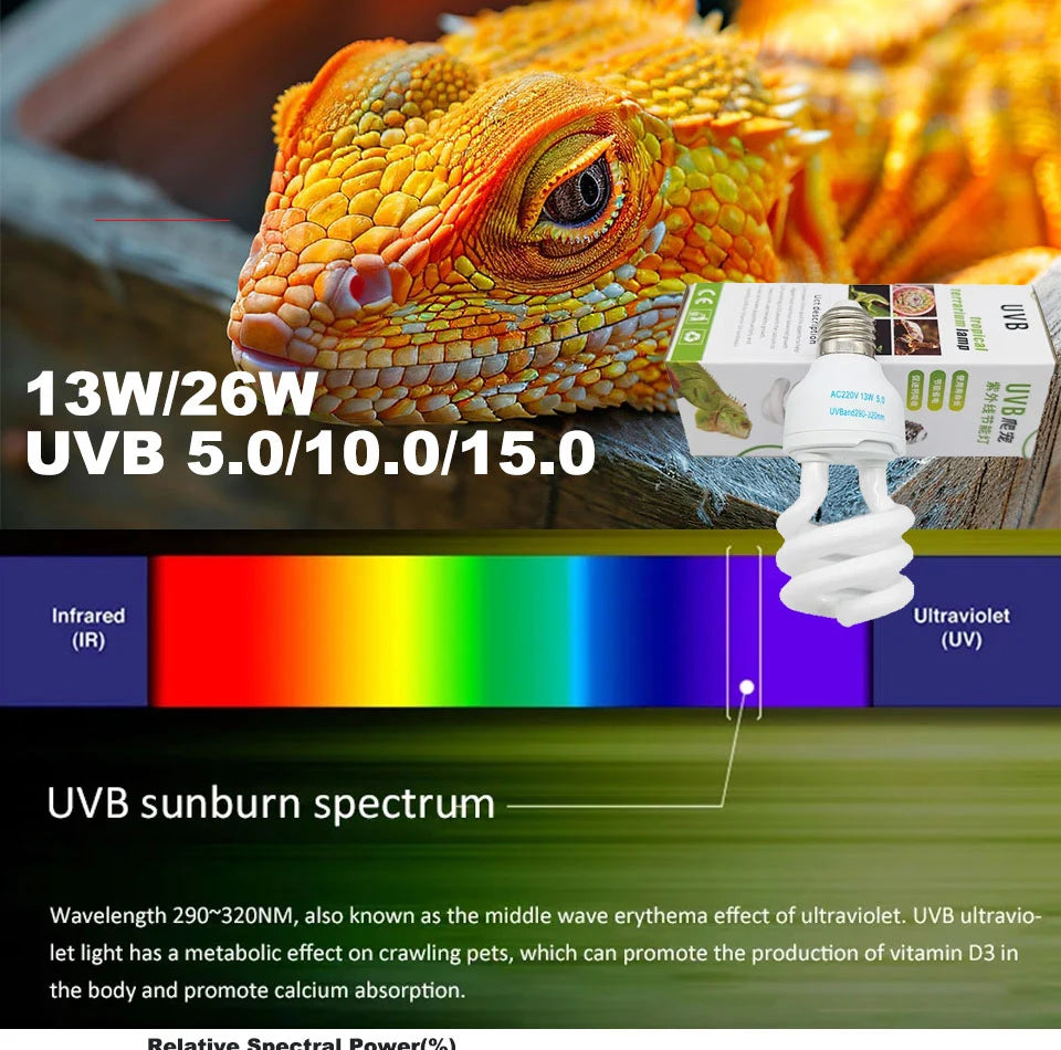UVB5.0 10.0 110v-220v Lizard Calcium Supplement Lamp 13W 26W UV Bulb E27 Energy Saving Reptile Lamp Turtles and Amphibians