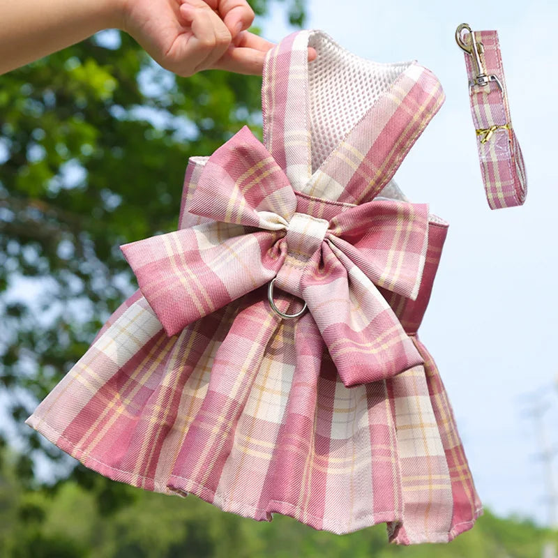 Bow Dog Collar Skirt Cute Pet Harness with Breast Strap Traction Rope Cat Dogs Clothes Harness Vest Princess Tutu Dress Skirt