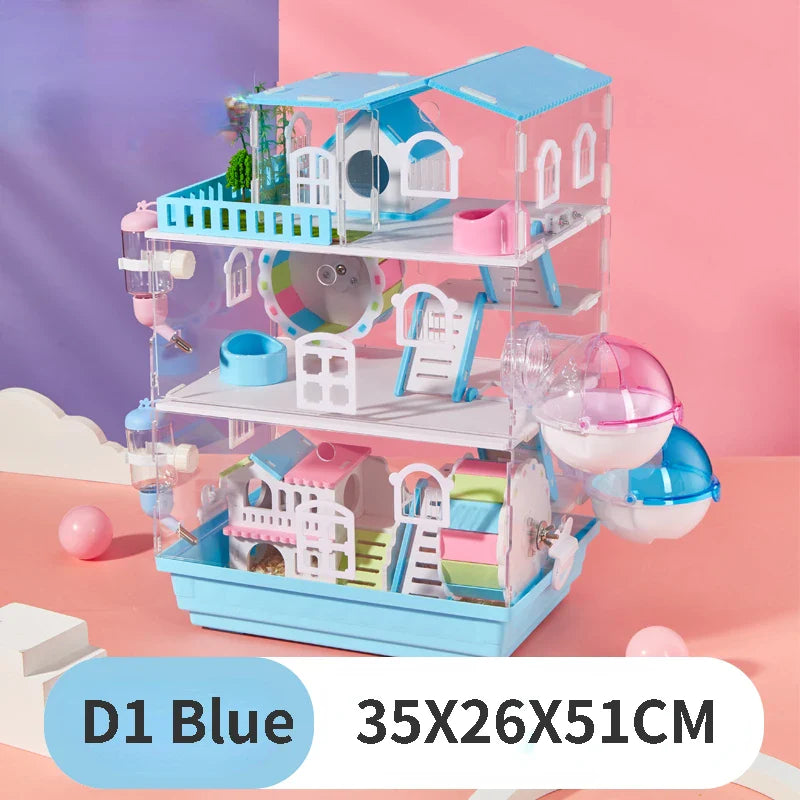 2/3 Layers Transparent Hamster Cage Acrylic Small Animal Hedgehogs Rabbit Guinea Pig Villa Package Supplies Toy Set